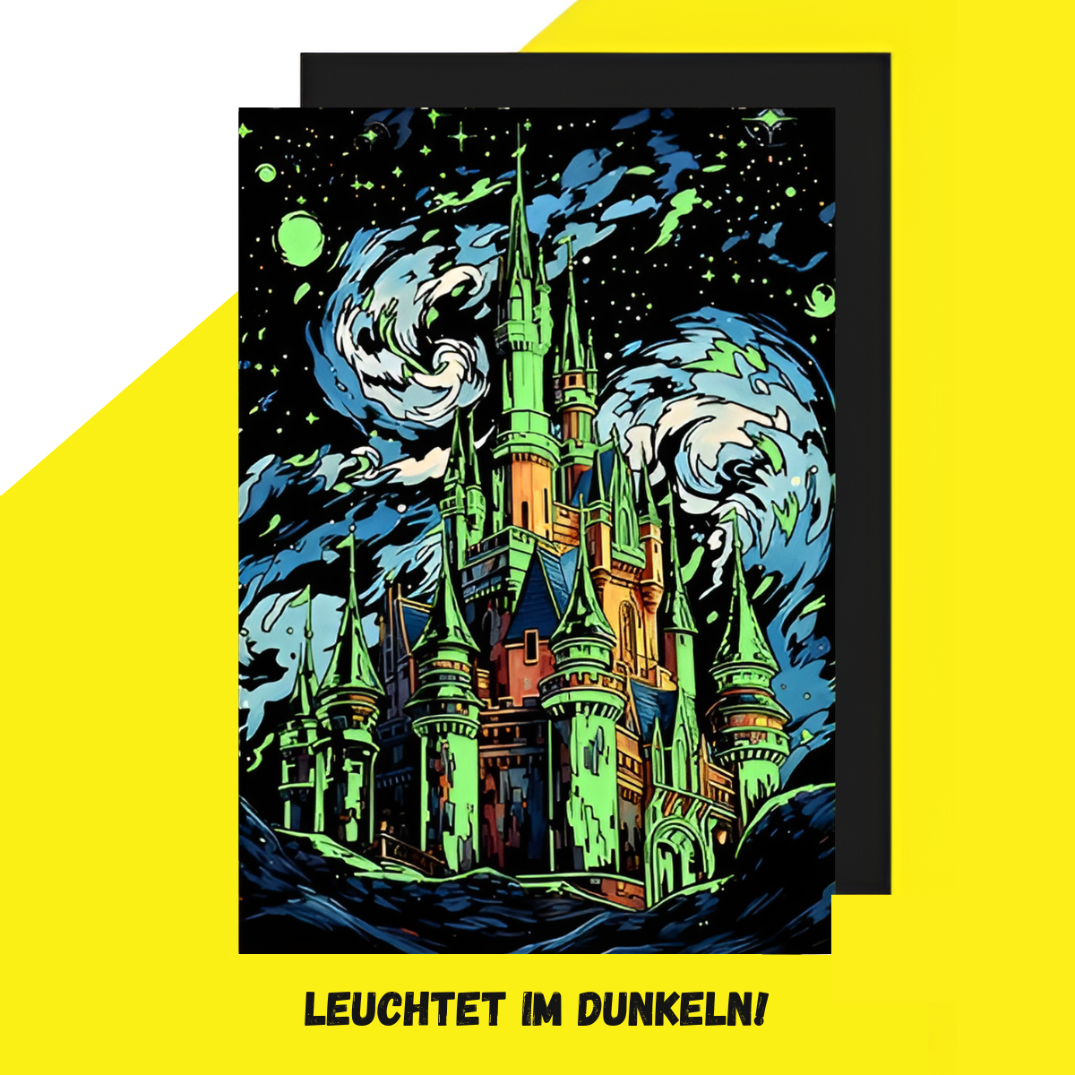 Detailliertes Schloss-Kratzbild mit funkelnden Türmen und Wolken