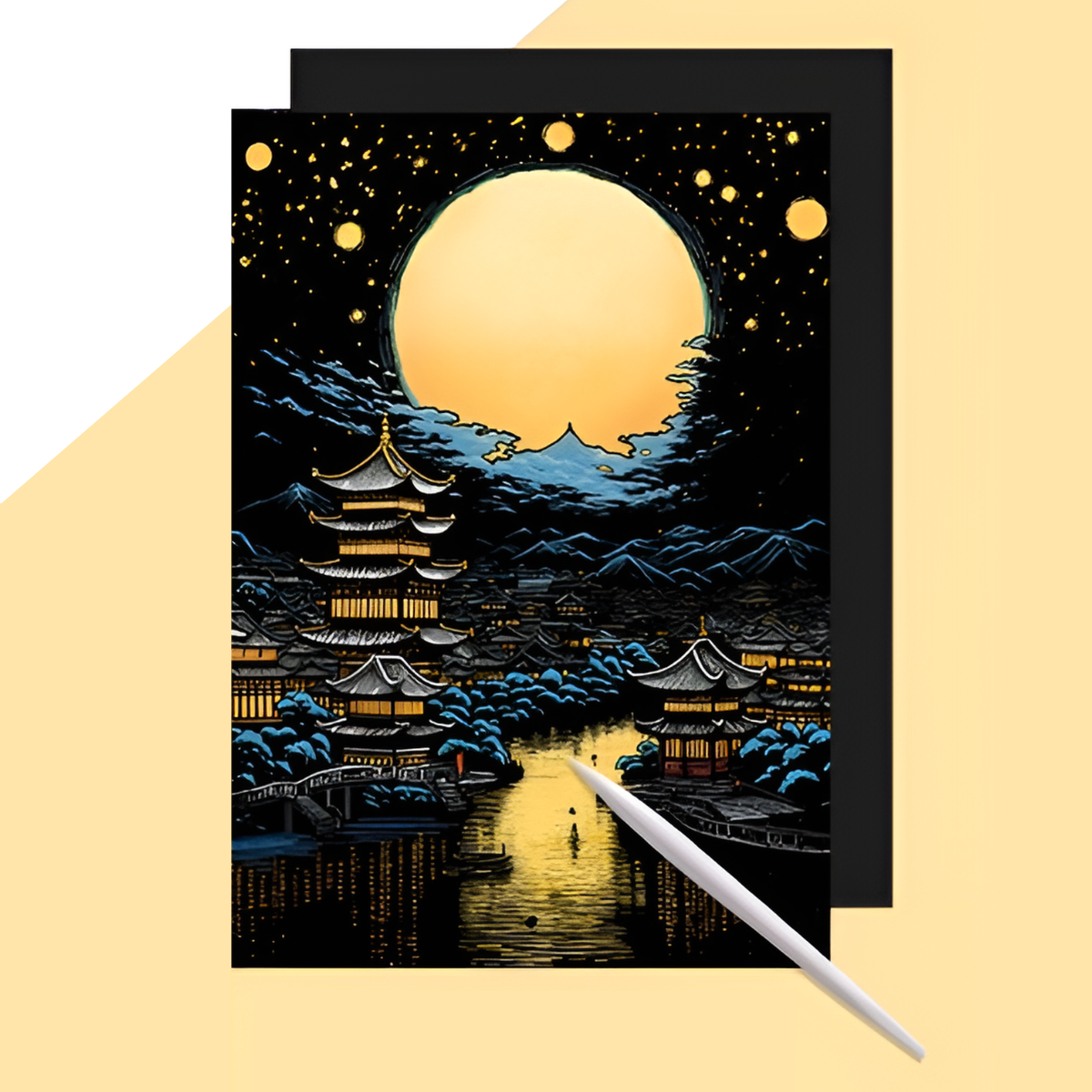 Glow in the Dark Kratzbild Asiatische Mondnacht A3 - Leuchteffekt